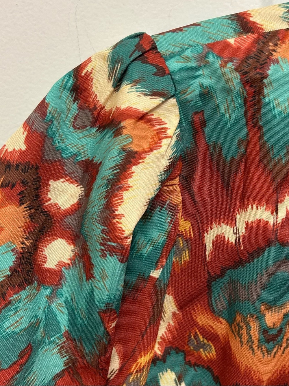Joy Joy Rust, Teal & Gold Boho Print Mini Dress with Ruffle Hem and Lace Trim - Picture 8 of 14